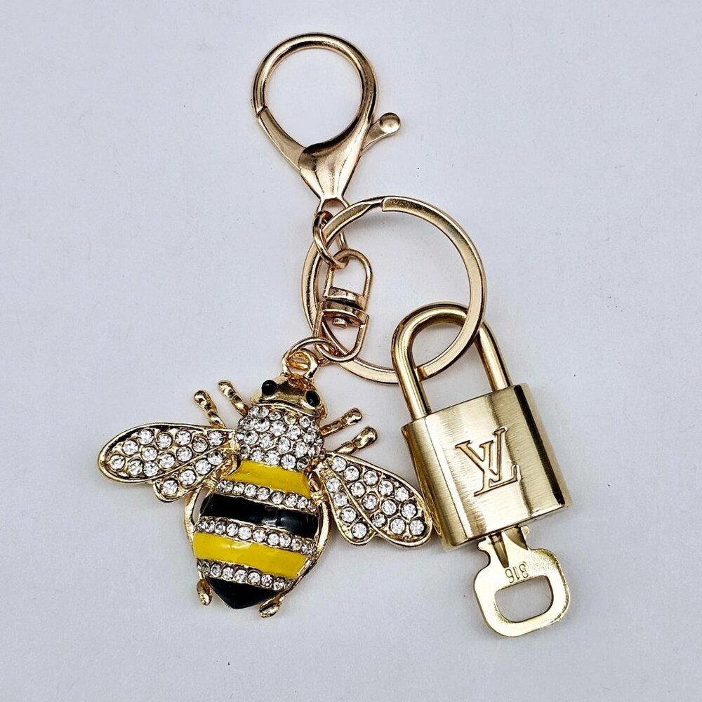 Authentic LV Gold Padlock & Key Set ✨ Luxury Bag Charm w/Unbranded Bee Keychain